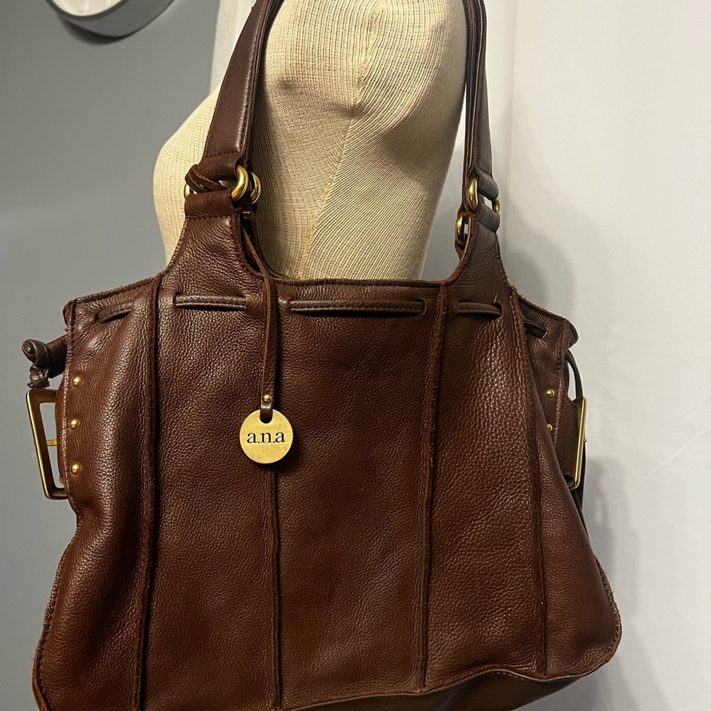 A.N.A. Boho Women’s Leather Bag Purse Brown Marked Shoulder Straps Side Buckles - Picture 12 of 14